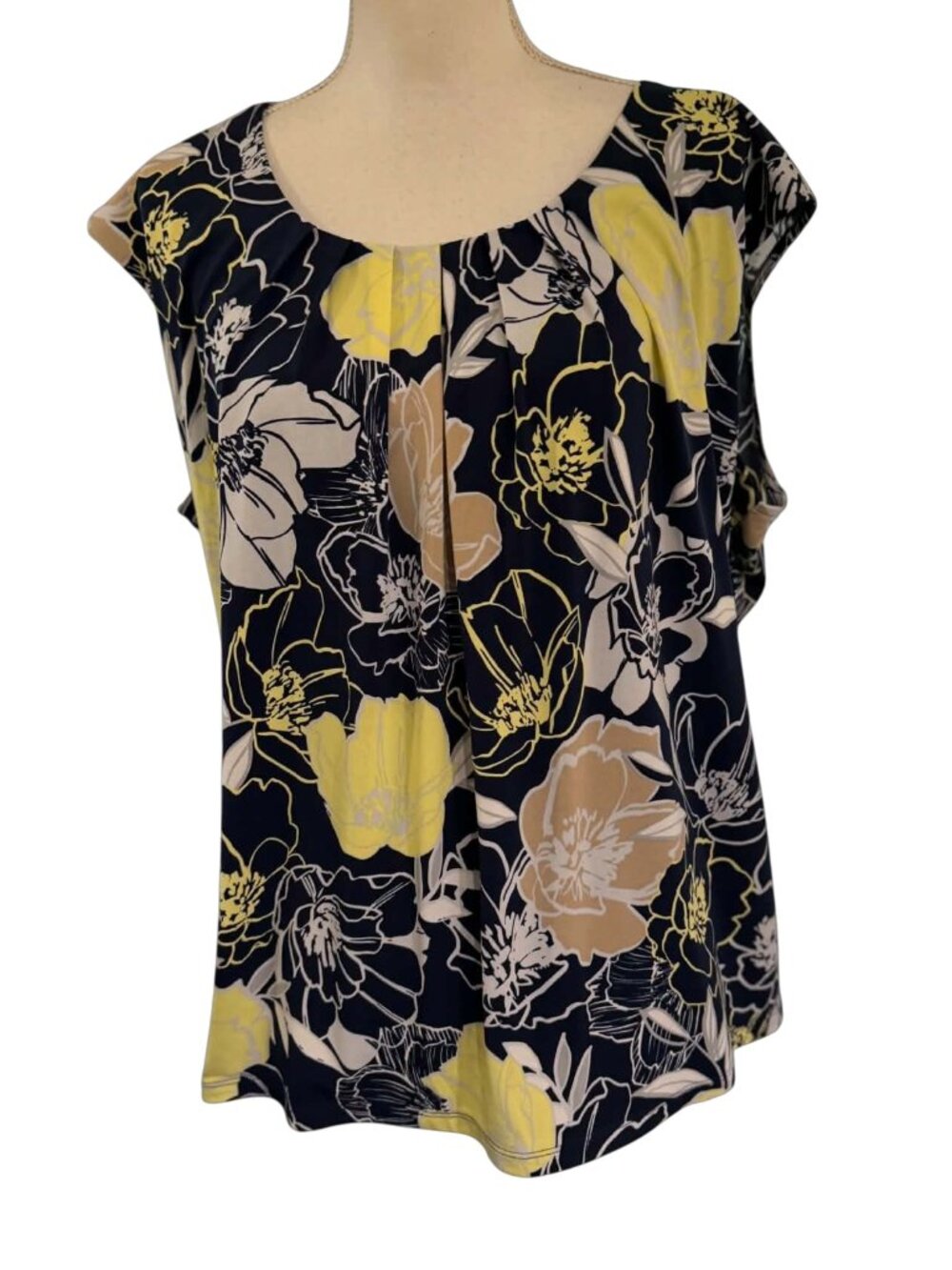 Kasper sleeveless pleated neck top with a bold, abstract floral print